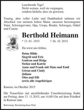 Traueranzeige von Berthold Heimann  von Magdeburger Volksstimme