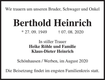 Traueranzeige von Berthold Heinrich  von Magdeburger Volksstimme