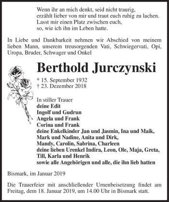 Traueranzeige von Berthold Jurczynski  von Magdeburger Volksstimme