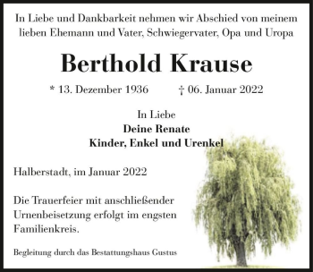 Traueranzeige von Berthold Krause  von Magdeburger Volksstimme