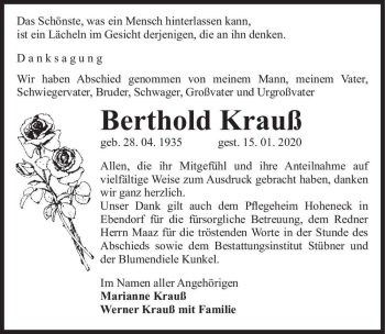 Traueranzeige von Berthold Krauß  von Magdeburger Volksstimme