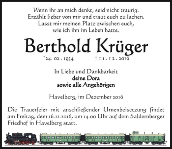 Traueranzeige von Berthold Krüger  von Magdeburger Volksstimme