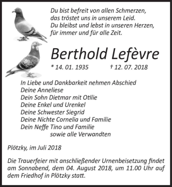 Traueranzeige von Berthold Lefe'vre  von Magdeburger Volksstimme