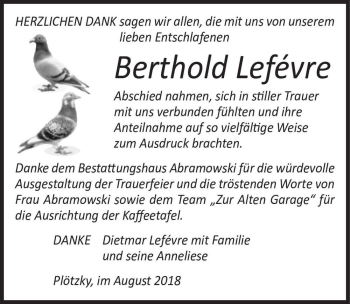 Traueranzeige von Berthold Lefévre  von Magdeburger Volksstimme