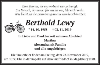 Traueranzeige von Berthold Lewy  von Magdeburger Volksstimme