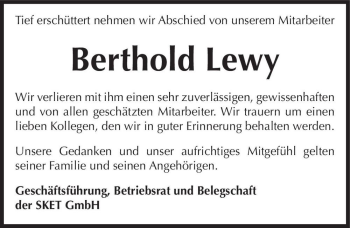 Traueranzeige von Berthold Lewy  von Magdeburger Volksstimme