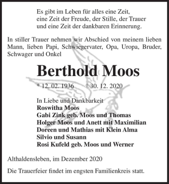 Traueranzeige von Berthold Moos  von Magdeburger Volksstimme