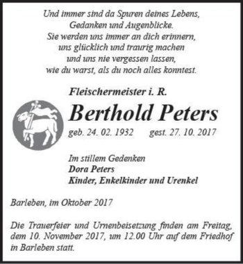 Traueranzeige von Berthold Peters  von Magdeburger Volksstimme
