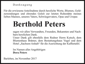 Traueranzeige von Berthold Peters  von Magdeburger Volksstimme