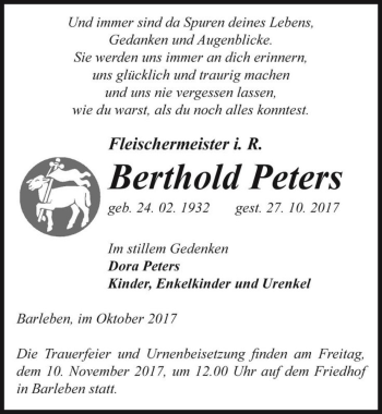 Traueranzeige von Berthold Peters  von Magdeburger Volksstimme
