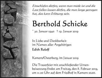 Traueranzeige von Berthold Schicke  von Magdeburger Volksstimme