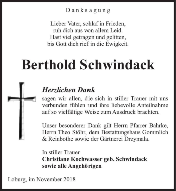 Traueranzeige von Berthold Schwindack  von Magdeburger Volksstimme