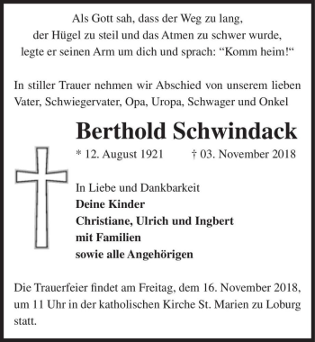 Traueranzeige von Berthold Schwindack  von Magdeburger Volksstimme