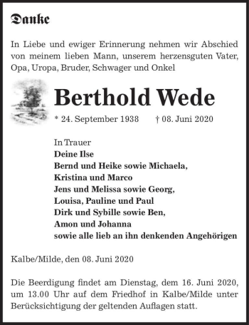 Traueranzeige von Berthold Wede  von Magdeburger Volksstimme