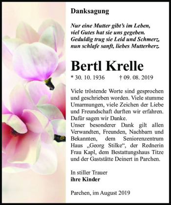 Traueranzeige von Bertl Krelle  von Magdeburger Volksstimme