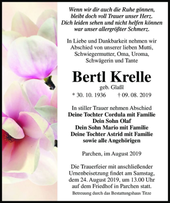 Traueranzeige von Bertl Krelle (geb. Glaßl)  von Magdeburger Volksstimme
