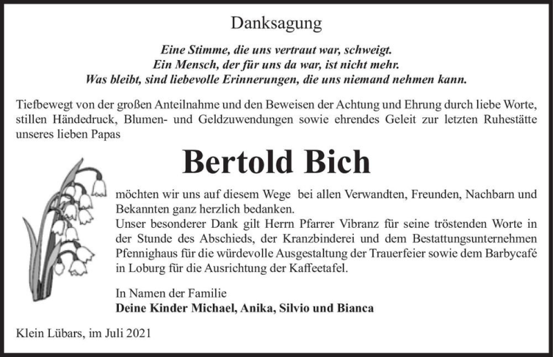  Traueranzeige für Bertold Bich  vom 24.07.2021 aus Magdeburger Volksstimme