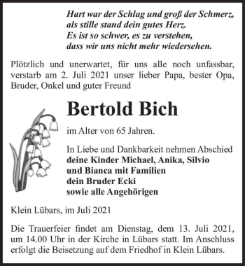 Traueranzeige von Bertold Bich  von Magdeburger Volksstimme