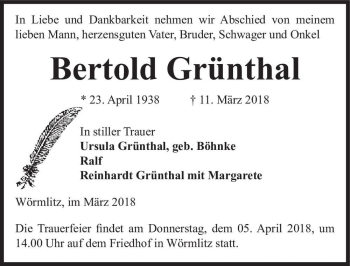 Traueranzeige von Bertold Grünthal  von Magdeburger Volksstimme