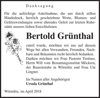 Traueranzeige von Bertold Grünthal  von Magdeburger Volksstimme