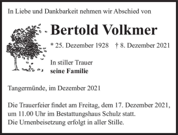 Traueranzeige von Bertold Volkmer  von Magdeburger Volksstimme
