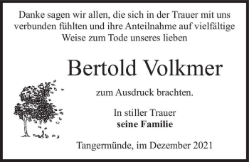 Traueranzeige von Bertold Volkmer  von Magdeburger Volksstimme