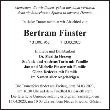 Traueranzeige von Bertram Finster von Magdeburger Volksstimme