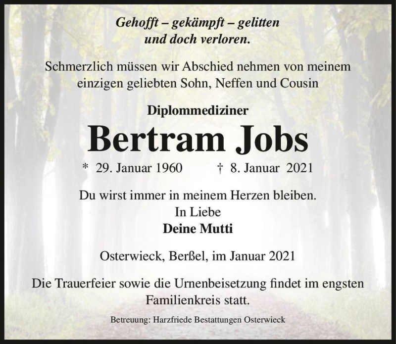  Traueranzeige für Bertram Jobs  vom 16.01.2021 aus Magdeburger Volksstimme