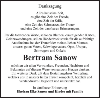 Traueranzeige von Bertram Sanow  von Magdeburger Volksstimme
