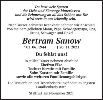 Traueranzeige von Bertram Sanow  von Magdeburger Volksstimme