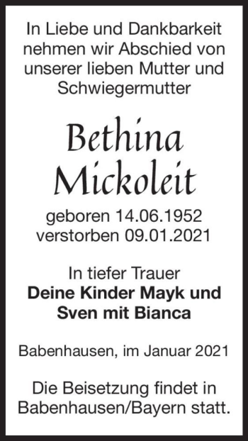Traueranzeige von Bethina Mickoleit  von Magdeburger Volksstimme