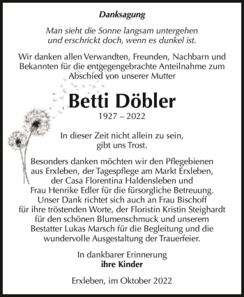 Traueranzeige von Betti Döbler  von Magdeburger Volksstimme