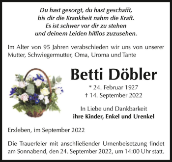 Traueranzeige von Betti Döbler  von Magdeburger Volksstimme