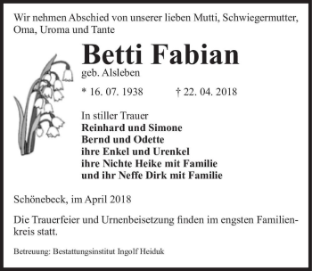 Traueranzeige von Betti Fabian (geb. Alsleben)  von Magdeburger Volksstimme