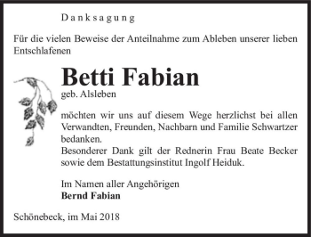 Traueranzeige von Betti Fabian (geb. Alsleben)  von Magdeburger Volksstimme