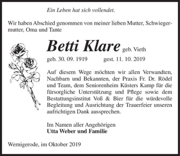 Traueranzeige von Betti Klare (geb. Vieth)  von Magdeburger Volksstimme