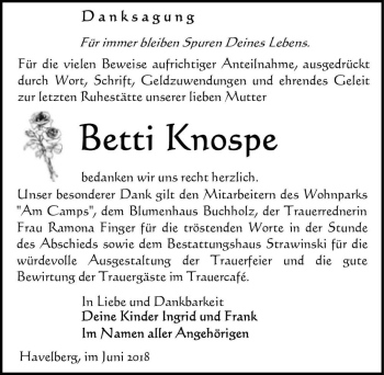 Traueranzeige von Betti Knospe  von Magdeburger Volksstimme