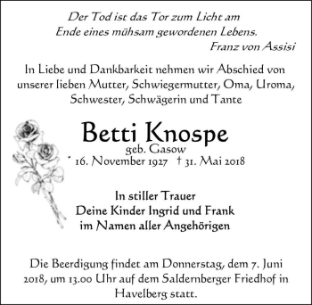 Traueranzeige von Betti Knospe (geb. Gasow)  von Magdeburger Volksstimme