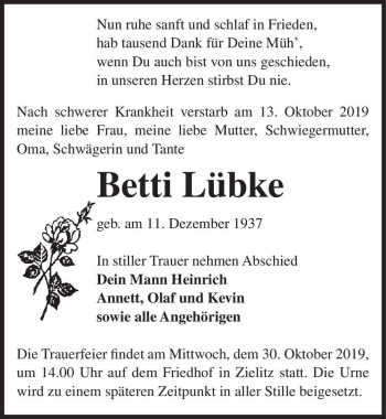 Traueranzeige von Betti Lübke  von Magdeburger Volksstimme