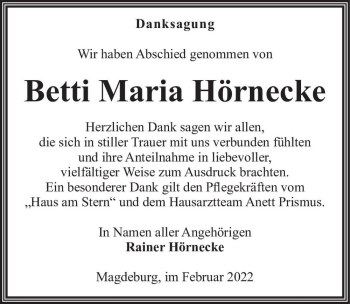 Traueranzeige von Betti Maria Hörnecke  von Magdeburger Volksstimme