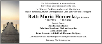 Traueranzeige von Betti Maria Hörnecke (geb. Reimann)  von Magdeburger Volksstimme