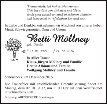 Traueranzeige von Betti Möllney (geb. Starke)  von Magdeburger Volksstimme