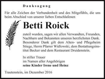 Traueranzeige von Betti Roick  von Magdeburger Volksstimme