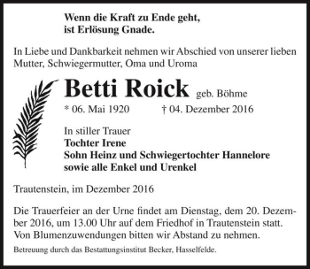 Traueranzeige von Betti Roick (geb. Böhme)  von Magdeburger Volksstimme
