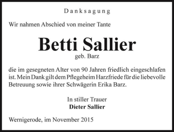 Traueranzeige von Betti Sallier (geb. Barz)  von Magdeburger Volksstimme