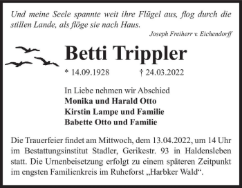 Traueranzeige von Betti Trippler  von Magdeburger Volksstimme