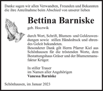 Traueranzeige von Bettina Barniske (geb. Hoczwik)  von Magdeburger Volksstimme