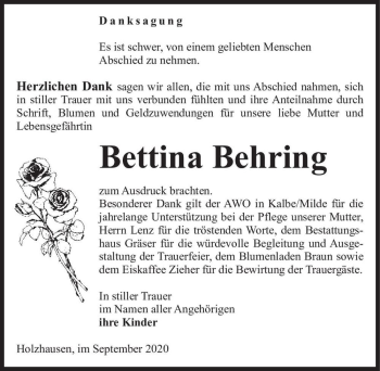 Traueranzeige von Bettina Behring  von Magdeburger Volksstimme