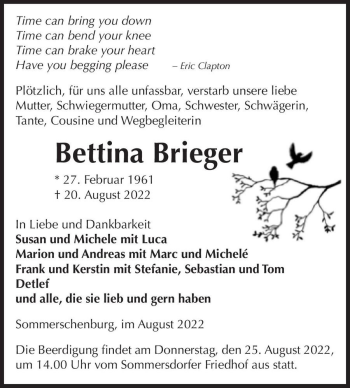 Traueranzeige von Bettina Brieger  von Magdeburger Volksstimme