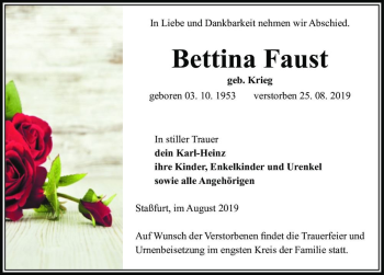 Traueranzeige von Bettina Faust (geb. Krieg)  von Magdeburger Volksstimme